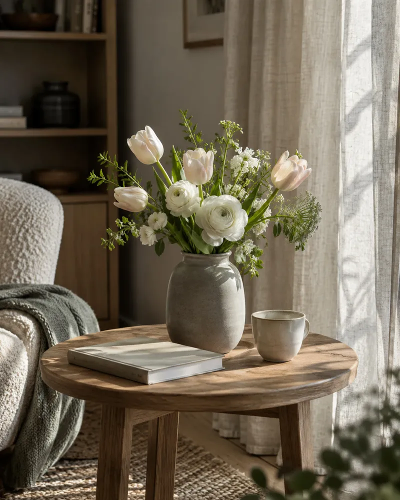 Luftig bukett i en grå keramikvas intill en bok och en tekopp i mjukt morgonljus