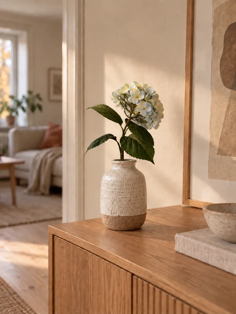 Hortensia — ljust grönvit i en lägenhet – Miljöbild