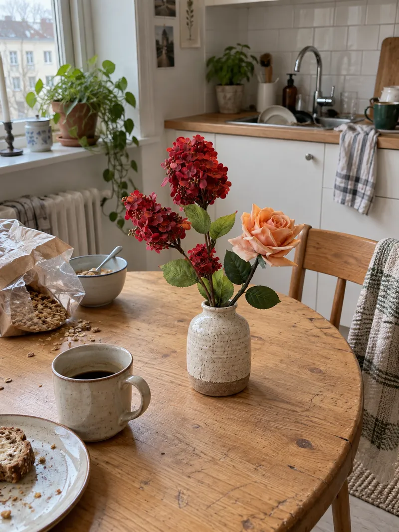 Vinröd och aprikos bukett på ett frukostbord med kaffekopp