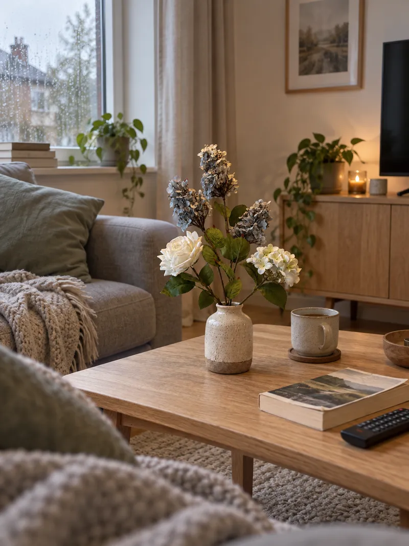 Blåvit bukett vid en soffa med filt och böcker