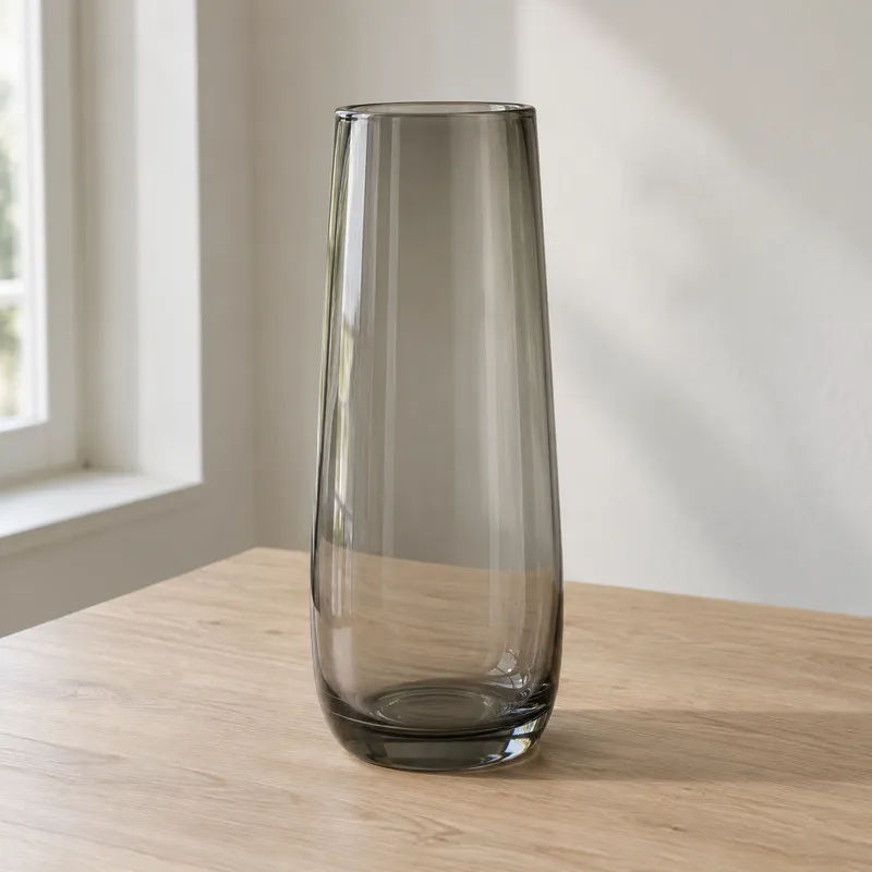 Hög rökgrå glasvas på ljust träbord